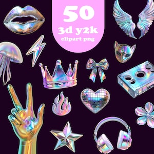 50 Holographic PNG Clipart Bundle | Iridescent Transparent Stickers | Retro Y2K Aesthetic, Lips, Stars, Disco Hearts, Lightning, Chrome