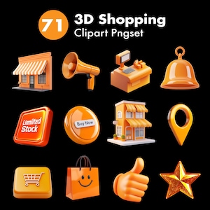 71 要素 - 3D ショッピング PNG クリップアートアイコン | オレンジグラデーションビジネスバンドル | 店頭、ベル、バッグ、今すぐ購入、在庫限定、カートアイコン