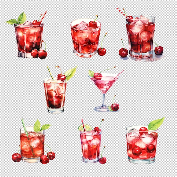 A set of six different drinks with cherry garnish