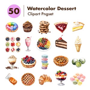 50 Watercolor Dessert PNG Clipart Set | Hand-Painted Bakery Sweets, Tarts, Cakes, Donuts, Ice Cream, Macarons | Transparent Background