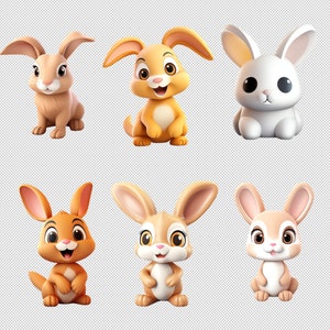 Um grupo de coelhos de desenho animado estão sentados em uma fileira