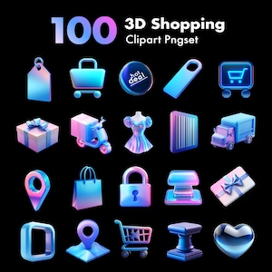 100 要素 - 3D ショッピング PNG クリップアートアイコン | グラデーション E コマース デザイン要素 | 透明な背景、配達、値札、ロック、カート