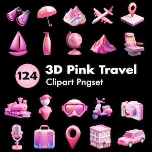 124 Reise PNG Clipart | 3D Flugzeug, Landkarte Pin, Hotel, Auto, Fernglas, Gepäck & Urlaub Icons | Rosa Thema | Transparenter Hintergrund