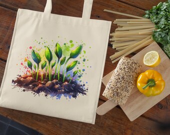 Spring Sprouts Reusable Tote Bag, Cottagecore, Boho, Wellies, Aesthetic, Vegetable Garden, Canvas, Gifts for her, Hand-designed, Watercolor