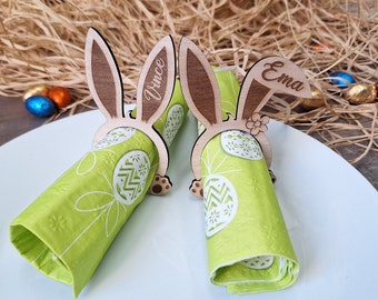 Rond de serviette personnalisé lapin et marque place Pâques en bois / Décoration de Pâques / Cadeau de Pâques / lapin de Pâques prénoms