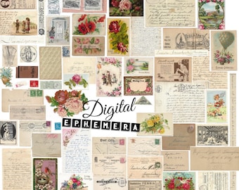DIGITAL antique ephemera for junk journals, Printable Victorian Cards & Die cuts, Letters Flowers Antiques vol 1