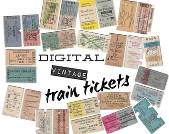 DIGITAL vintage train tickets, Old ticket images, Railroad tickets, Large ephemera set junk journals, Print and cut out