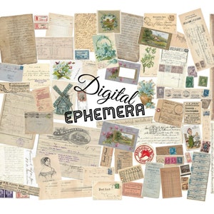 Conjunto de coisas efêmeras antigas DIGITAL para diários indesejados, cartões vintage imprimíveis, restos e cortes, letras flores antiguidades vol 2