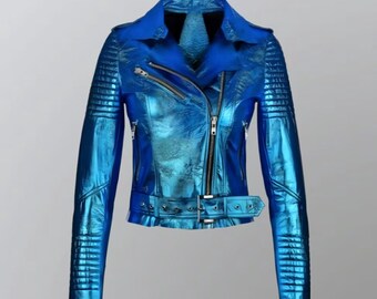 Vintage Blue Metallic Leather Jacket for Men & Women Quilted Arms, Sleek Biker Style in 6 Colors