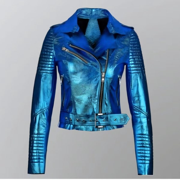 Vintage Blue Metallic Leather Jacket for Men & Women Quilted Arms, Sleek Biker Style in 6 Colors