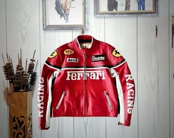 Vintage Racing Red Ferrari F1 chaqueta de cuero de cuero - Formula Man F1 Raceway Real Leather Biker Jacket - 5 colores
