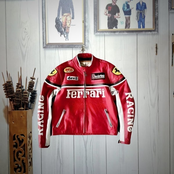 Vintage Racing Red Ferrari F1 jas rundleer - Formula Man F1 Raceway echt lederen bikerjack - 5 kleuren