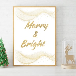Merry & Bright Sparkling Christmas Wall Art | Gold Glitter Effect Holiday Printable | Instant Download Christmas Decor