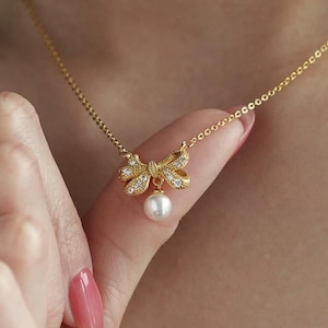 Dainty Bow Necklace with Pearl Pendant • Pearl Ribbon Necklace • Crystal Bow Necklace • Anniversary Gift for Her • Bridesmaid Gift • N071