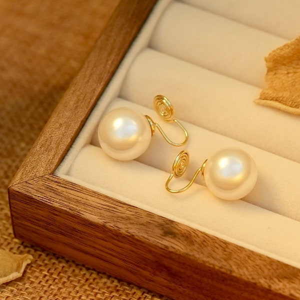 14mm-12mm-10mm Large Creamy White Swarovski Pearl Clip-on Studs Ear Clip Pearl Earrings Bridesmaid Earrings for Wedding Unique Holiday Gift