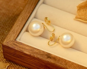 14mm-12mm-10mm Large Creamy White Swarovski Pearl Clip-on Studs Ear Clip Pearl Earrings Bridesmaid Earrings for Wedding Unique Holiday Gift