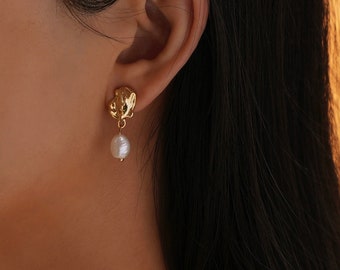Dangle Golden Irregular Natural Freshwater Pearl Drop Earrings Minimalist 14K Gold Earrings Bridesmaid Gift for Her Everyday Wear Jewelry