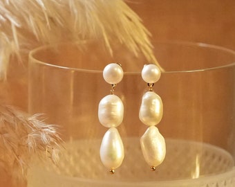 Pearl Triple Drop Earrings French Style Pearl Dangle Earrings Natural Freshwater Pearls Bridal Earrings Anniversary Gift Wedding Jewelry