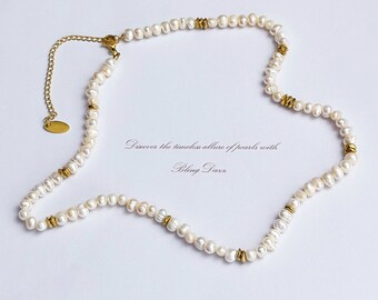 Freshwater Pearl & Gold Beaded Necklace, 18k Gold Plated Necklace, Keshi Pearl, Rice Pearl Beads Necklace, Gift for Her