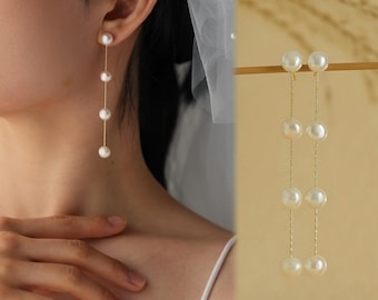 Quadrupled Freshwater Pearl Long Chain Earrings • Dangle Pearl Handmade Drop Earrings • Wedding Bridal Jewelry • Bridesmaid Gifts • E086