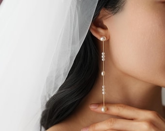 Dainty Freshwater Pearl Threader Earrings • 14K Gold Plated Bridal Wedding Jewelry • DE076