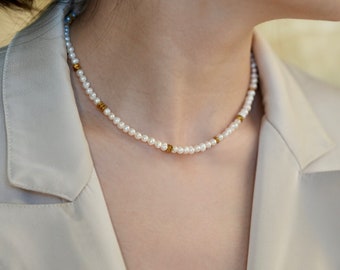 Süßwasserperlen & Goldperlen Halskette, 18k vergoldete Halskette, Keshi Perle, Reisperlen Halskette, Geschenk für Sie