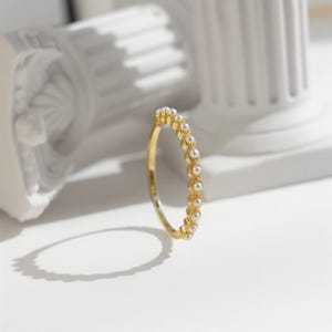 Dainty Pearl Stacking Ring • 14K Gold Plated Minimalist Gold Pearl Band • R072