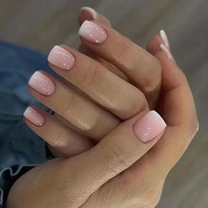 Glossy Gradient French Style Short Squared Press on Nails