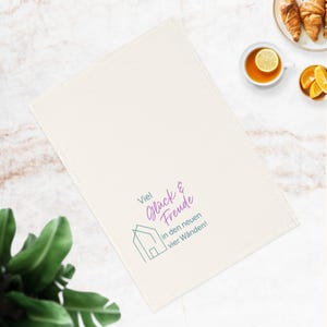 Housewarming Tea Towel - Viel Glück und Freude - German Kitchen Towel Gift for New Homeowners, Modern Neon Home Decor, Moving Gift