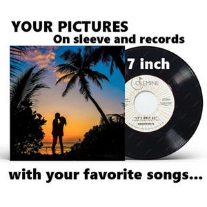 Op de afbeelding: Een zwarte 7-inch vinylplaat met een zonsondergang-silhouetbeeld op de hoes. Het platenlabel zegt "OLEMINE" en "IT'S ONLY US" met de artiest "MONOPRONICS".
