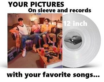 Personalized vinyl record 32 mins with the songs of your choice, custom cover and macaroons, 12", 16 mins per side