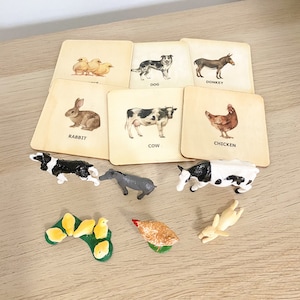 Flashcards Montessori et figurines d'animaux en bois - Animaux de la ferme