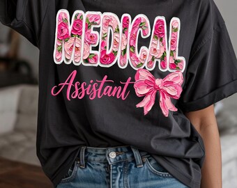 Medical Assistant Floral PNG, Coquette Design, Pink Bow , Nurse Digital Download, Medical Staff