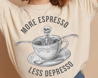 Mehr Espresso weniger Depresso, Kaffee-Skelett-Design, lustige Kaffeetasse PNG JPG, Gothic Barista