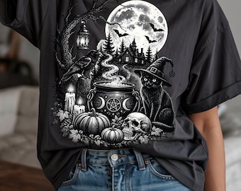 Gothic Halloween PNG, Witchy Black Cat Cauldron Design, Raven Haunted House, Vintage Halftone