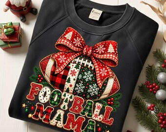 Football Mama Christmas PNG, Holiday Bow Sports Mom Shirt, Plaid Game Day Design