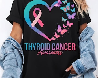 Thyroid Cancer Awareness PNG, Teal Pink Ribbon Butterfly, Cancer Support Gift