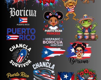 Paquete PNG de Puerto Rico, 15 diseños de sublimación boricua, herencia puertorriqueña, orgullo hispano