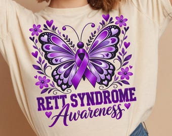 Rett Syndrome Awareness PNG, Purple Ribbon Butterfly Design, Rare Disease Support Sublimation