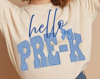 Hola Pre K PNG, diseño escolar de lazo de cuadros azules, sublimación para niña preescolar (descarga digital)