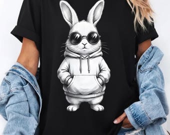 Conejito de Pascua PNG – Sudadera con capucha de conejo con gafas de sol – Diseño de camiseta de Pascua de moda – Imprimible