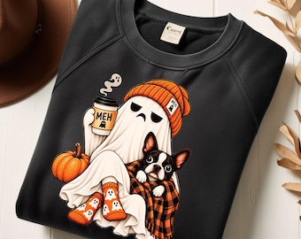 Grumpy Ghost French Bulldog PNG, Halloween Coffee Lover Design, Cozy Fall Spooky Season