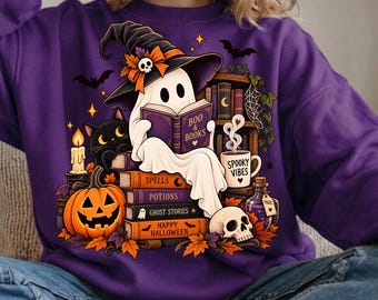 PNG de amante de los libros de Halloween, diseño de fantasmas con libros y temática de lectura espeluznante, sublimación.