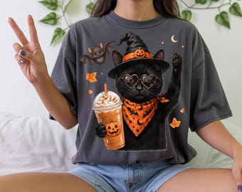 Gato negro de Halloween PNG, imágenes prediseñadas de bruja con especias de calabaza, diseño de sublimación de temporada espeluznante, gráfico de otoño