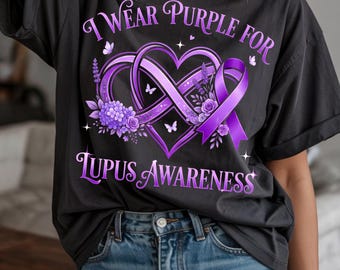 Imagen PNG de concienciación sobre el lupus: diseño de corazón floral con cinta morada para enfermedades crónicas (descarga digital)