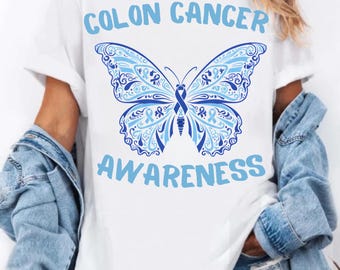 Mariposa de concientización sobre el cáncer de colon PNG SVG / Diseño de concientización de cinta azul Camiseta de apoyo Sublimación Cricut