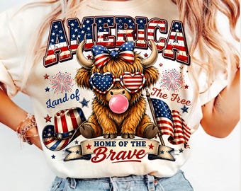 America Highland Cow PNG, Land of the Free Home of the Brave, 4th July, Bubble Gum