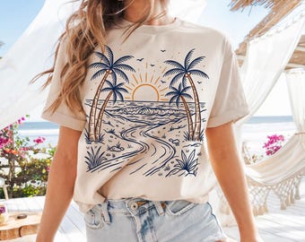 Palmera de playa SVG PNG, arte lineal del océano al atardecer, ambiente playero, descarga digital de verano