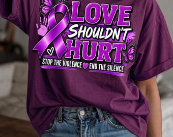 Domestic Violence Awareness PNG, Love Shouldn't Hurt, Purple Ribbon, End The Silence