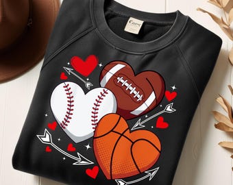 Cute Heart Baseball Basketball Football Valentine PNG, Sports Couple Gift, Love Sports Digital Download
